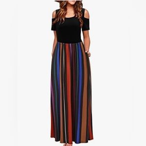 Striped Open Shoulder Maxi Dress With Pockets